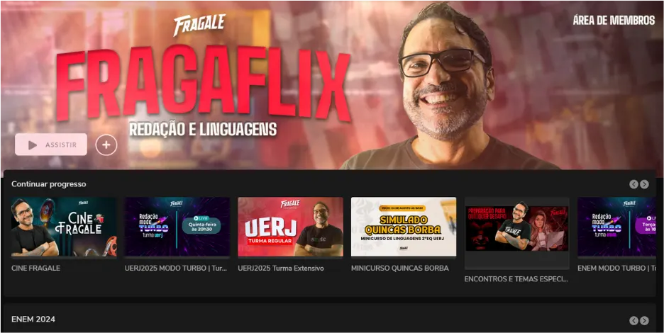 Plataforma de streaming Fragaflix com as aulas gravadas